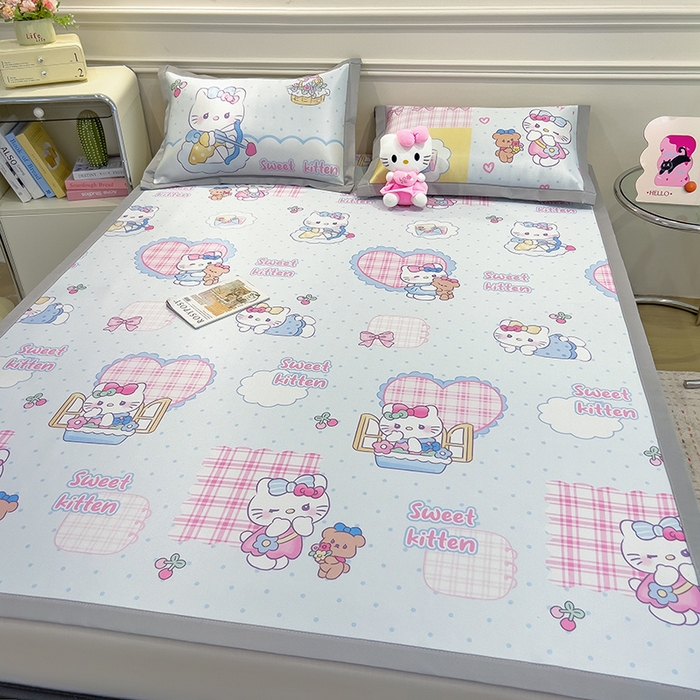 91家纺网 家纺一手货源 找家纺 摩妮卡 2025小清新数码冰丝席 碳光席三件套 凯蒂甜心