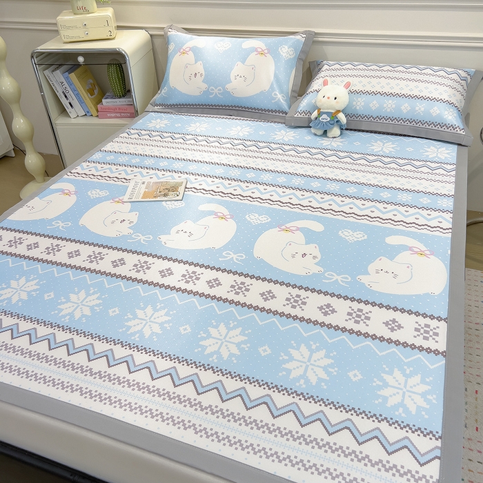 91家纺网 家纺一手货源 找家纺 摩妮卡 2025小清新数码冰丝席 碳光席三件套 蓝调喵影