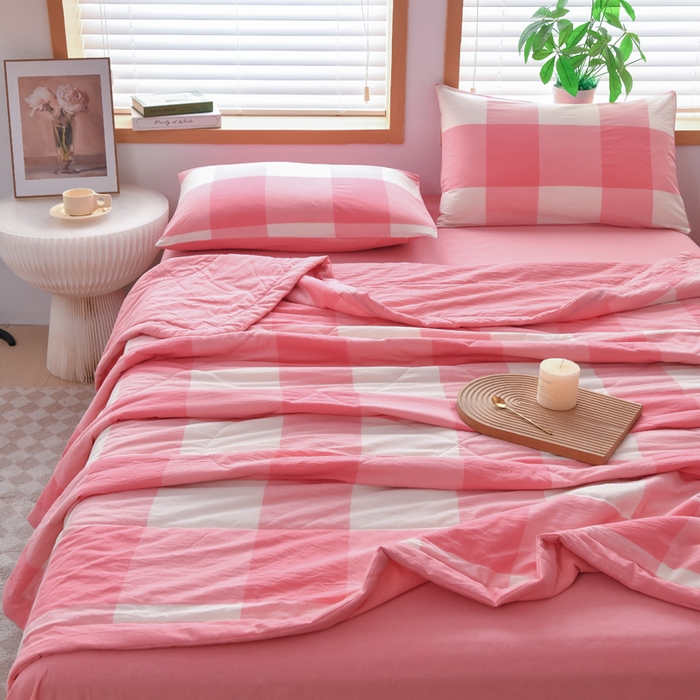 91家纺网 家纺一手货源 找家纺 圣尔雅家纺 2025新款里外全棉色织夏被新疆棉花被纯棉被子空调被夏凉被 粉大格