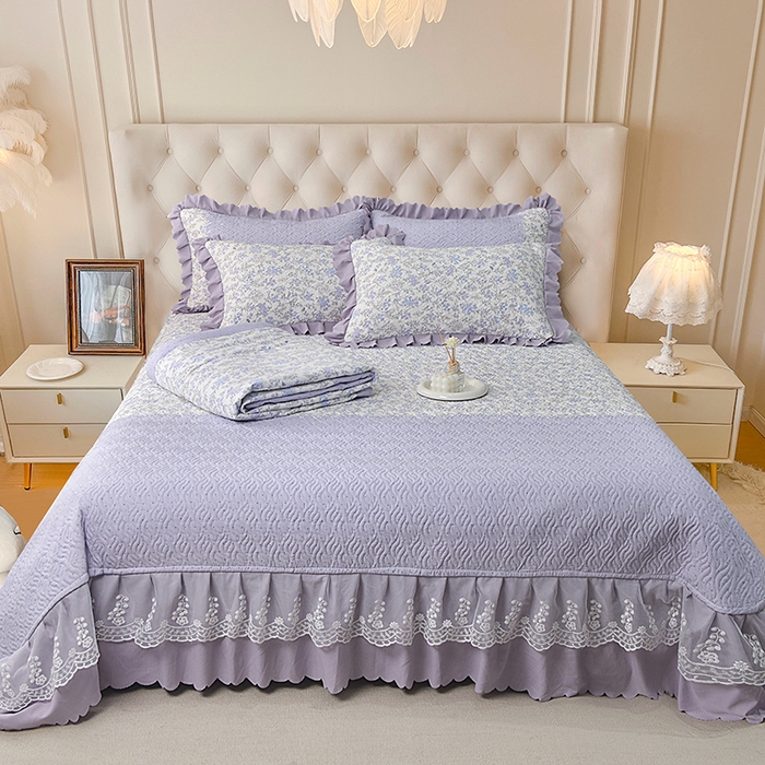 91家纺网 家纺一手货源 找家纺 梦柏 2025新款韩版双层纱夹棉绗缝床盖夏被四件套 薰衣草