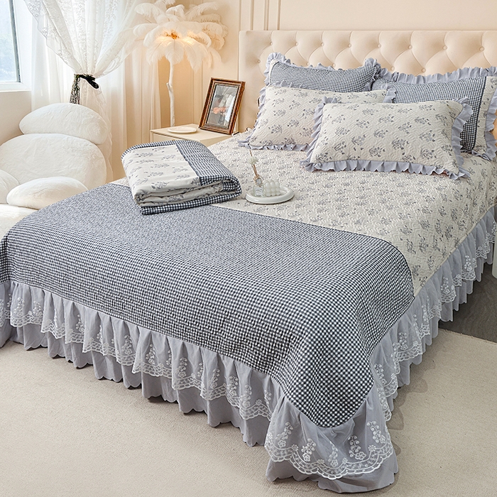 91家纺网 家纺一手货源 找家纺 梦柏 2025新款韩版双层纱夹棉绗缝床盖夏被四件套 芳香