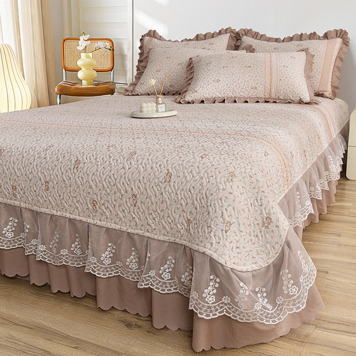 91家纺网 家纺一手货源 找家纺 梦柏 2025新款韩版双层纱夹棉绗缝床盖夏被四件套 萌小兔