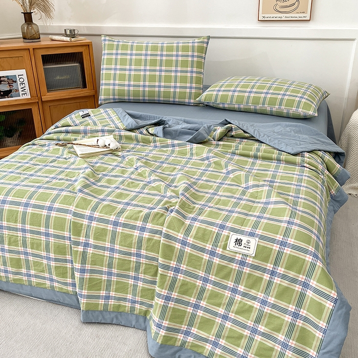 91家纺网 家纺一手货源 找家纺 鸣升家纺 2025新款100%里外全棉棉花夏被无印风全棉色织水洗棉夏凉被空调被夏被春秋被单人可机洗 初时绿