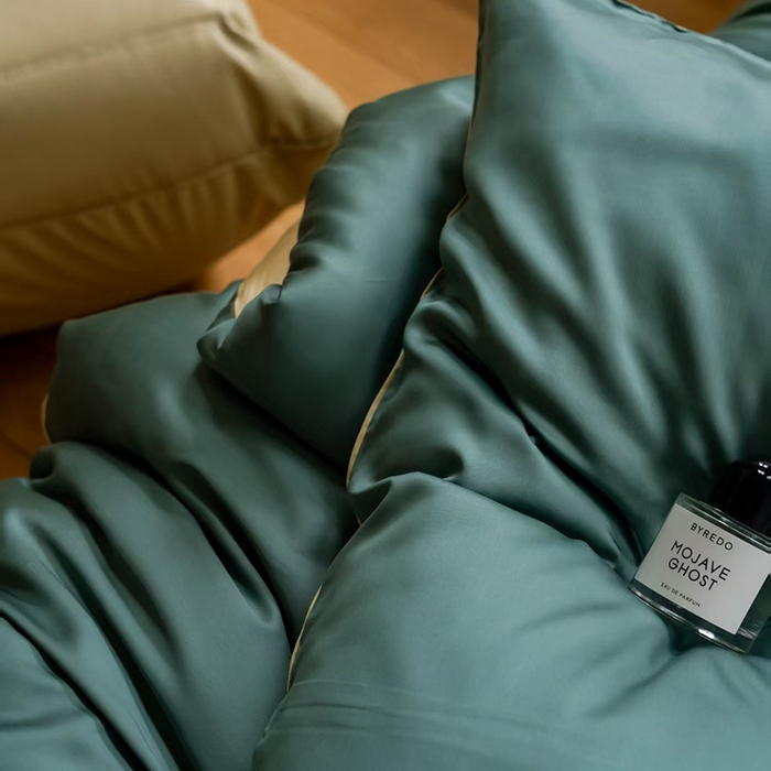 91家纺网 家纺一手货源 找家纺 未来家居 2025新款60S兰精天丝纯色四件套 天青色-香槟金