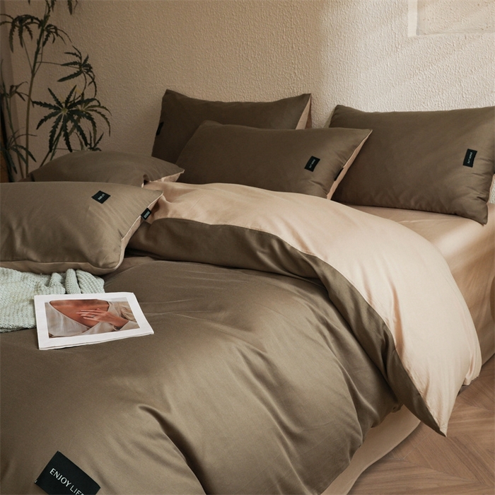 91家纺网 家纺一手货源 找家纺 启程2025新款全棉纯色双拼无印风四件套 岩石灰+杏仁