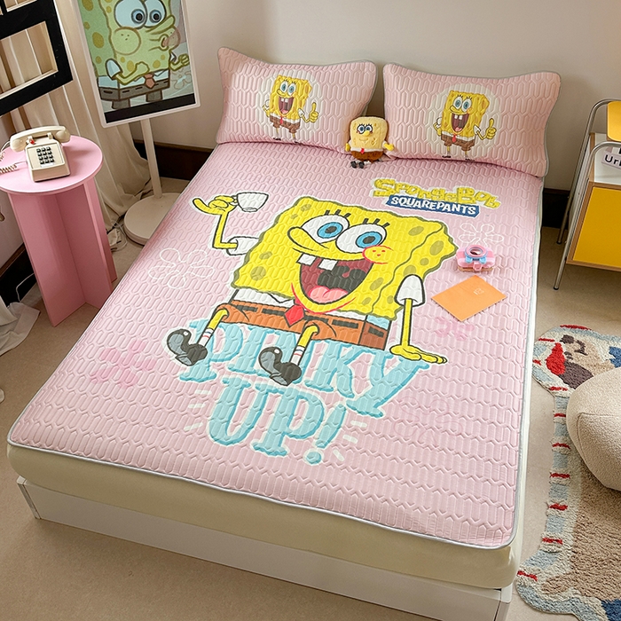 91家纺网 家纺一手货源 找家纺 金爱家 2025新款海绵宝宝乳胶凉席床笠款凉席席子 凉席床笠款-爱喝海绵宝宝粉