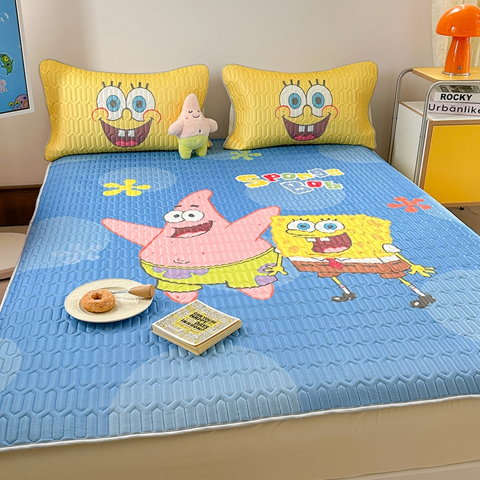 91家纺网 家纺一手货源 找家纺 金爱家 2025新款海绵宝宝乳胶凉席床笠款凉席席子 凉席床笠款-蓝蓝海绵宝宝