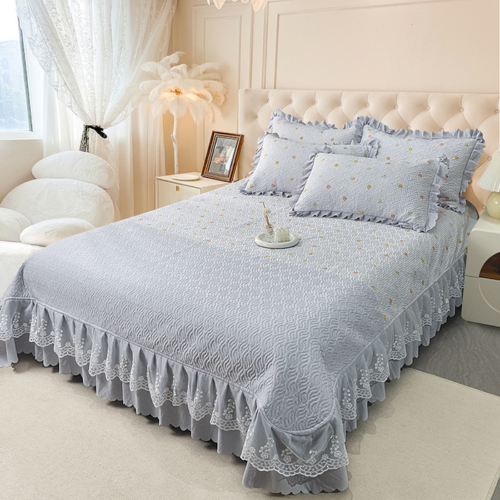 91家纺网 家纺一手货源 找家纺 梦柏 2025新款韩版双层纱夹棉绗缝床盖夏被四件套 南瓜派对