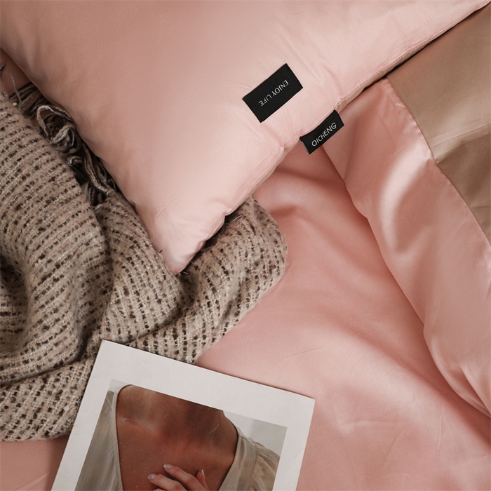 91家纺网 家纺一手货源 找家纺 启程2025新款全棉纯色双拼无印风四件套 奶油粉+杏仁