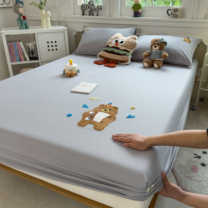 91家纺网 家纺一手货源 找家纺 席世家 2025春夏新款全棉纯棉老粗布印花床笠凉席席子 嘟嘟熊