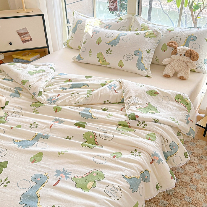 91家纺网 家纺一手货源 找家纺 2025新款双层皱皱纱水洗棉夏被夏凉被空调被可机洗空调被子被芯棉被 恐龙乐园