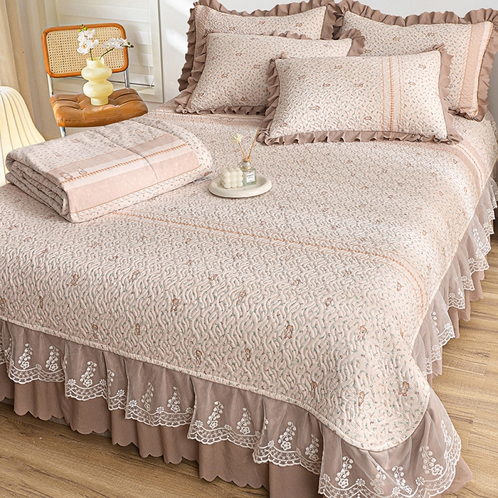 91家纺网 家纺一手货源 找家纺 梦柏 2025新款韩版双层纱夹棉绗缝床盖夏被四件套 萌小兔