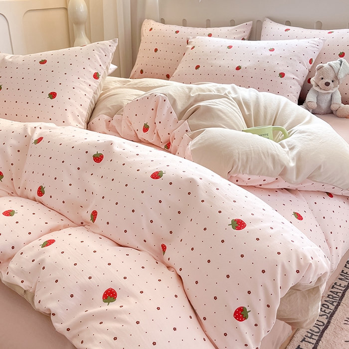 91家纺网 家纺一手货源 找家纺 玖明2025新款A类加厚柔软针织棉双层纱四件套 草莓星愿