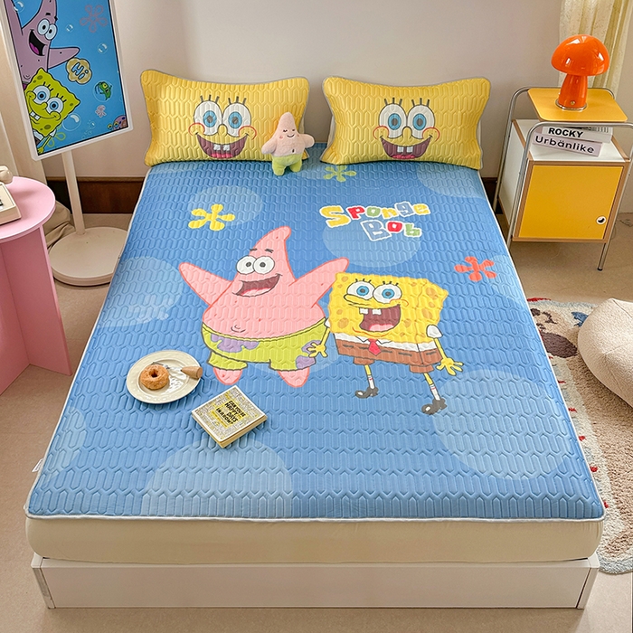 91家纺网 家纺一手货源 找家纺 金爱家 2025新款海绵宝宝乳胶凉席床笠款凉席席子 凉席床笠款-蓝蓝海绵宝宝