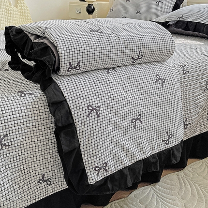 91家纺网 家纺一手货源 找家纺 米莱家纺 2025新款A类赫本风针织双层纱夏被床盖四件套 蝴蝶结