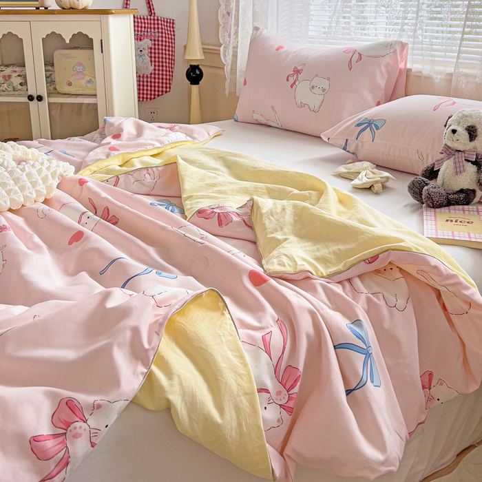 91家纺网 家纺一手货源 找家纺 2025春夏新款嵌绳款云柔水洗棉单夏被夏凉被空调被 嵌绳夏被-小蝴蝶结