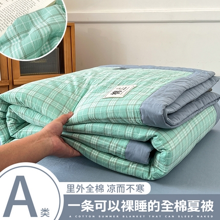 91家纺网 家纺一手货源 找家纺 鸣升家纺 2025新款100%里外全棉棉花夏被无印风全棉色织水洗棉夏凉被空调被夏被春秋被单人可机洗 格诺绿