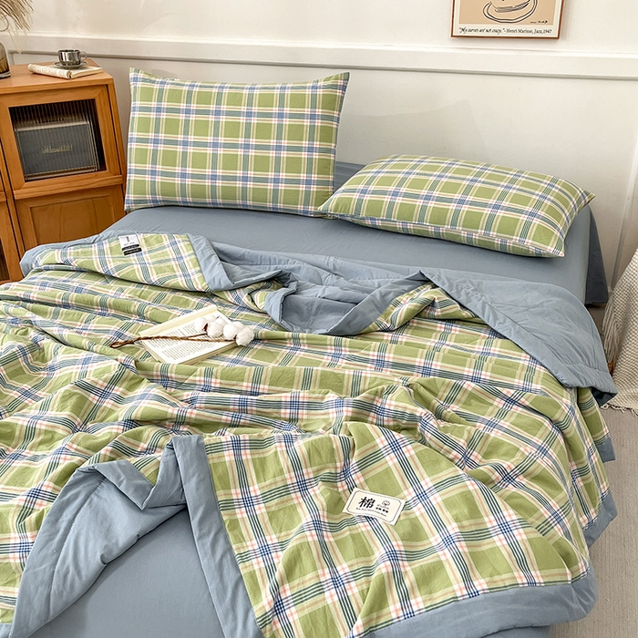 91家纺网 家纺一手货源 找家纺 鸣升家纺 2025新款100%里外全棉棉花夏被无印风全棉色织水洗棉夏凉被空调被夏被春秋被单人可机洗 初时绿