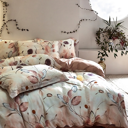 91家纺网 家纺一手货源 找家纺 未来家居 2025春夏新款100支莱赛尔天丝贡缎纯色印花系列高端礼盒四件套 叶语丝柔