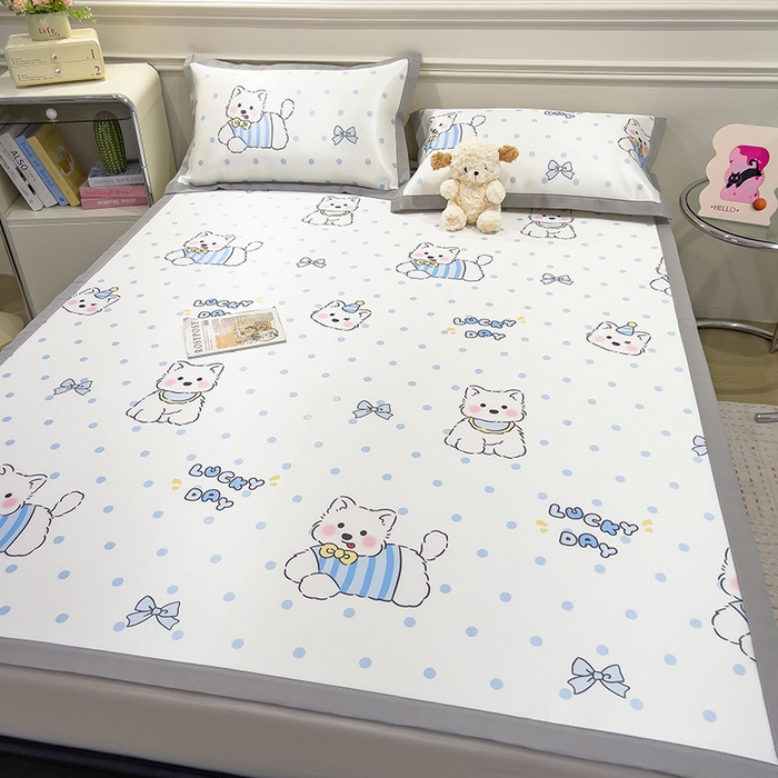 91家纺网 家纺一手货源 找家纺 摩妮卡 2025小清新数码冰丝席 碳光席三件套 蓝点萌犬