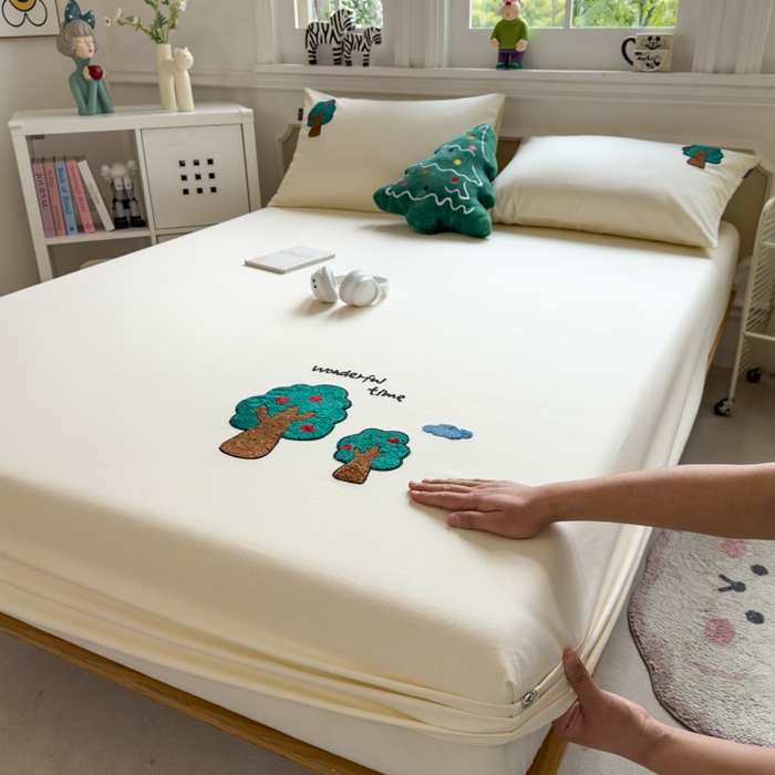 91家纺网 家纺一手货源 找家纺 席世家 2025春夏新款全棉纯棉老粗布印花床笠凉席席子 苹果树