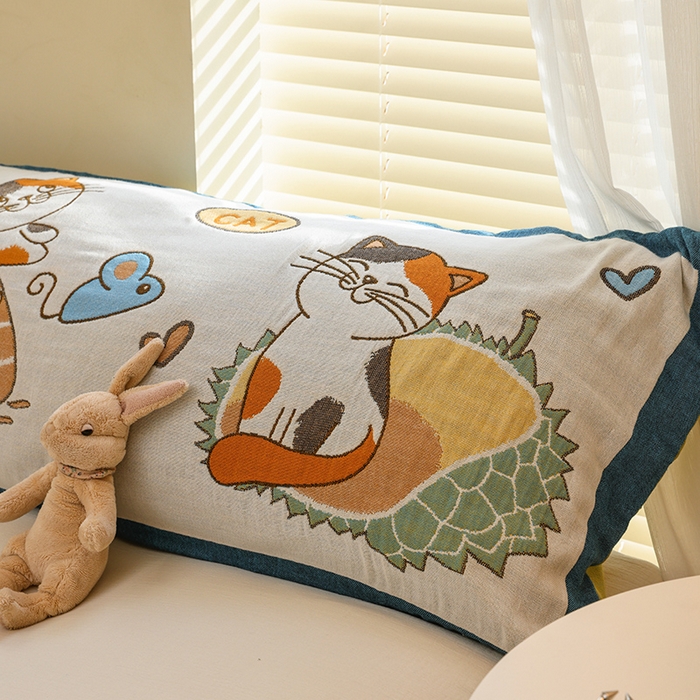 91家纺网 家纺一手货源 找家纺 雯雨2025新款A类卡通双人纱布枕套 慕斯猫