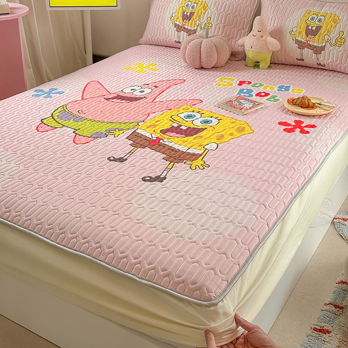 91家纺网 家纺一手货源 找家纺 金爱家 2025新款海绵宝宝乳胶凉席床笠款凉席席子 凉席床笠款-粉粉海绵宝宝