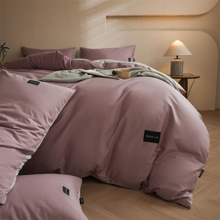 91家纺网 家纺一手货源 找家纺 启程2025新款全棉纯色双拼无印风四件套 香芋紫+绅士灰