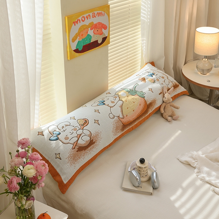 91家纺网 家纺一手货源 找家纺 雯雨2025新款A类卡通双人纱布枕套 草莓兔