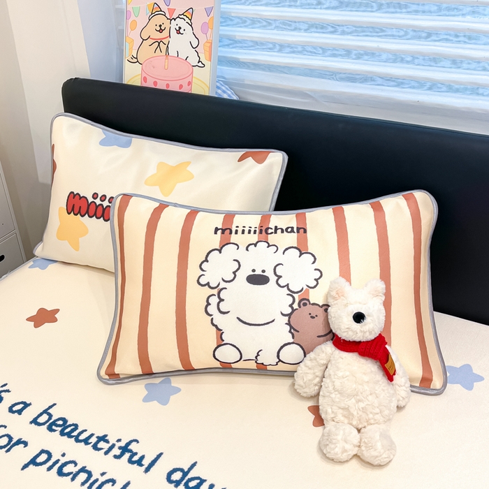 91家纺网 家纺一手货源 找家纺 暮思家居 2025新款正版miiiiichan可爱卡通大版数码印花A类1200D冰丝凉席三件套平铺床笠 心愿小狗