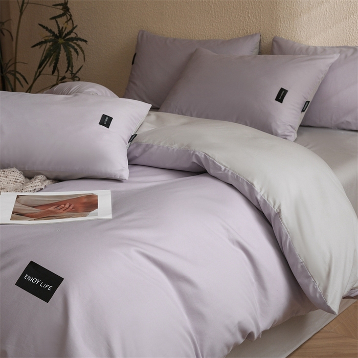 91家纺网 家纺一手货源 找家纺 启程2025新款全棉纯色双拼无印风四件套 水晶紫+绅士灰