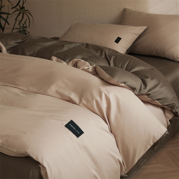 91家纺网 家纺一手货源 找家纺 启程2025新款全棉纯色双拼无印风四件套 杏仁+岩石灰