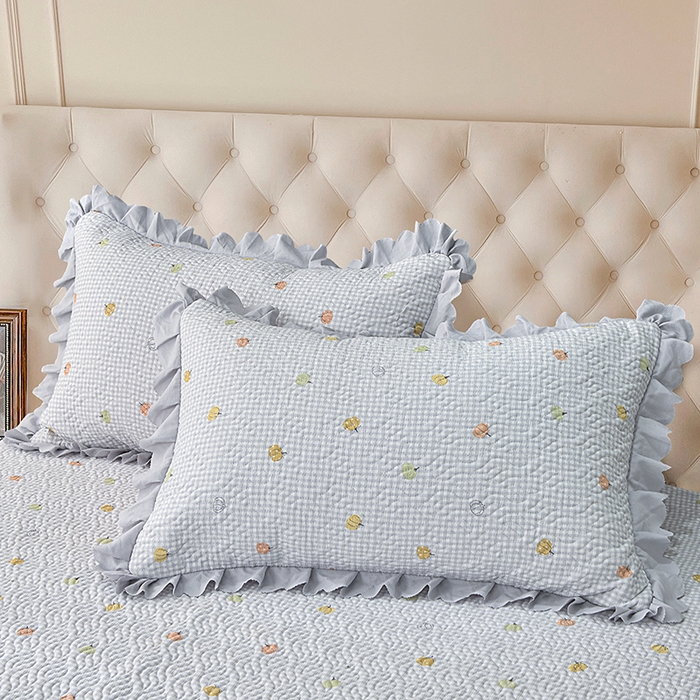 91家纺网 家纺一手货源 找家纺 梦柏 2025新款韩版双层纱夹棉绗缝床盖夏被四件套 南瓜派对