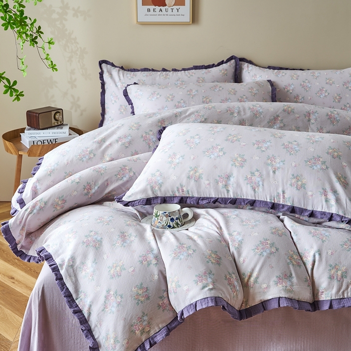 91家纺网 家纺一手货源 找家纺 （总）黛馨 2025新款全棉纯棉A类小清新双层纱四件套-皱皱边系列