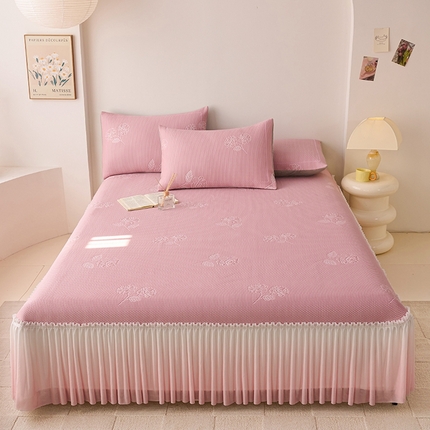 席之家 2025新款3D冰感床裙渐变色凉席-叶叶生歌茶花之恋-粉