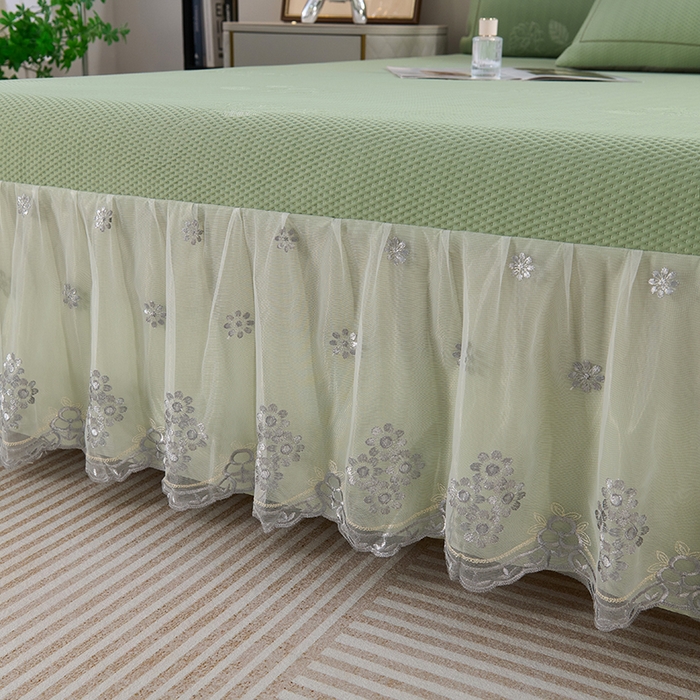 91家纺网 家纺一手货源 找家纺 席之家 2025新款3D冰感蕾丝床裙豆豆席 蕾丝-茶花之恋-水绿