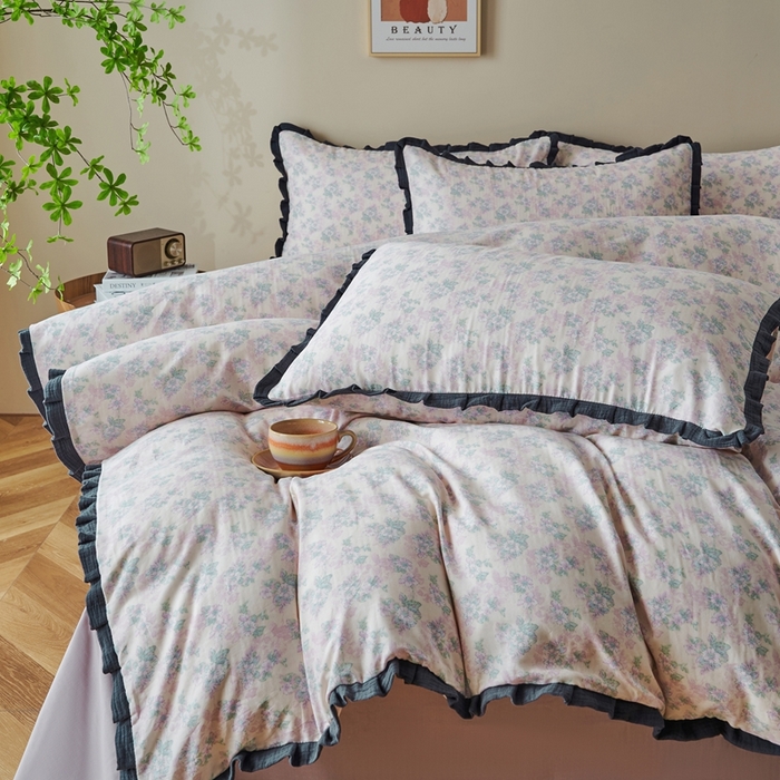 91家纺网 家纺一手货源 找家纺 （总）黛馨 2025新款全棉纯棉A类小清新双层纱四件套-皱皱边系列