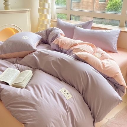 禧澜庭 2025新款纯棉全棉水洗棉斜纹无印风贴标四件套三件套 优雅紫+香叶粉