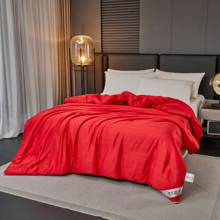 91家纺网 家纺一手货源 找家纺 金同成家纺 2025新款缎条蚕丝被春秋被子母被冬被子被芯 中国红