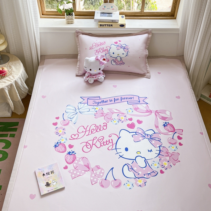 91家纺网 家纺一手货源 找家纺 博雅 2025新款三丽欧A类大版数码印花1200D冰丝凉席凉席席子 甜心KT