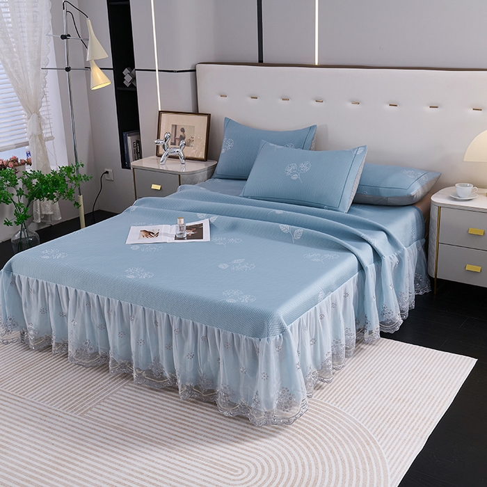 91家纺网 家纺一手货源 找家纺 席之家 2025新款3D冰感蕾丝床裙豆豆席 蕾丝-茶花之恋-蓝