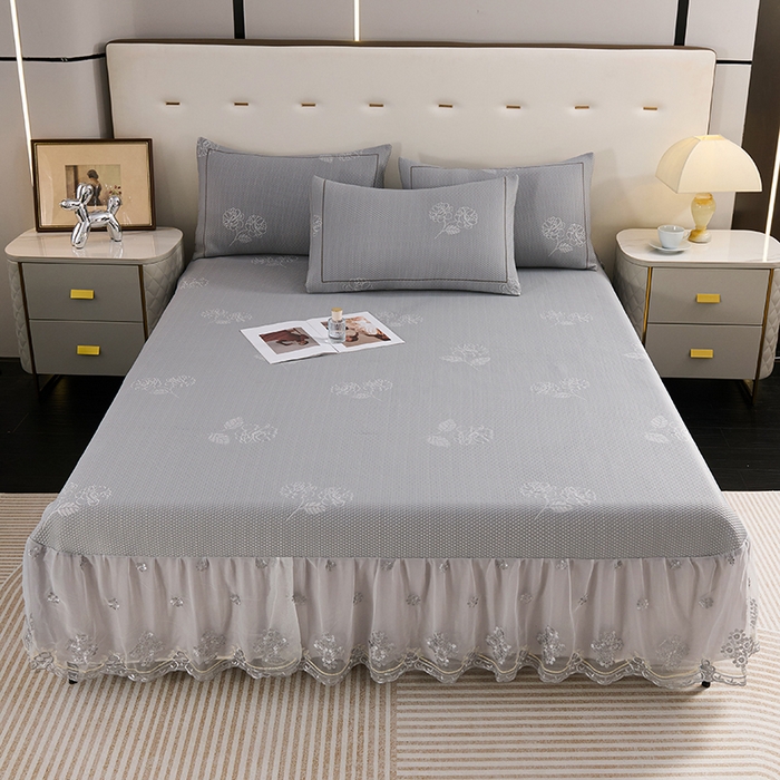 91家纺网 家纺一手货源 找家纺 席之家 2025新款3D冰感蕾丝床裙豆豆席 蕾丝-茶花之恋-灰