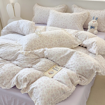 91家纺网 家纺一手货源 找家纺 吾欢心 2025新款韩版花边水洗双层纱四件套夏被四件套（棚拍图） 欧若拉