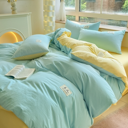 禧澜庭 2025新款纯棉全棉水洗棉斜纹无印风贴标四件套三件套 梵星蓝+奶黄