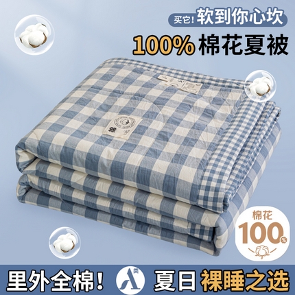 鑫棉坊 2025新款全棉色织水洗棉A类棉花夏被可机洗空调被四件套床单枕套 宜居格调-蓝