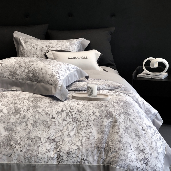 91家纺网 家纺一手货源 找家纺 佳汐蓝2025新款典雅诗意花卉全棉印花四件套券后不低于438/458元 雾隐巴黎-星空灰