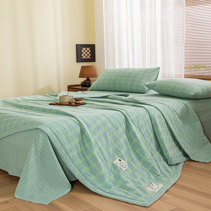 91家纺网 家纺一手货源 找家纺 鑫棉坊 2025新款全棉色织水洗棉A类棉花夏被可机洗空调被四件套床单枕套 清漾绿格