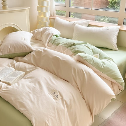 禧澜庭 2025新款纯棉全棉水洗棉斜纹无印风贴标四件套三件套 奶昔白+抹茶绿