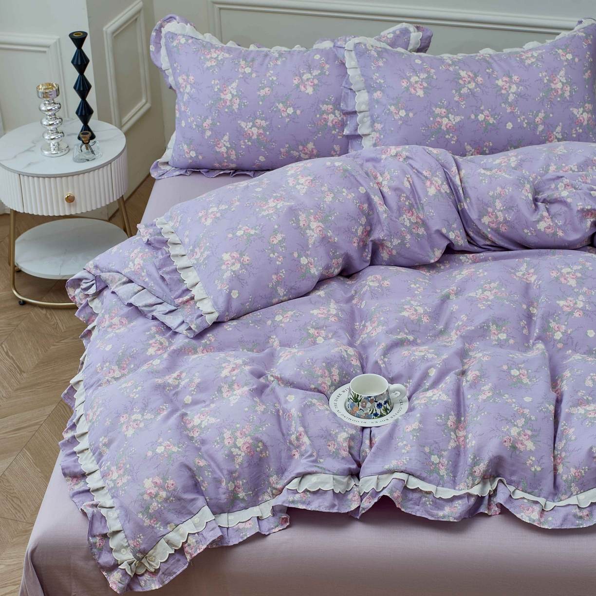 91家纺网 家纺一手货源 找家纺 （总）2025新款全棉纯棉A类双层纱双层蕾丝花边四件套