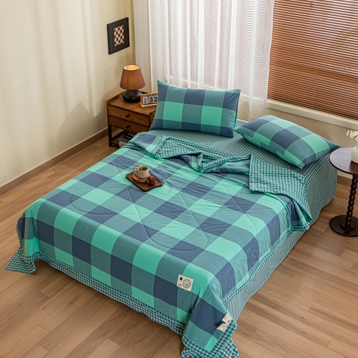 91家纺网 家纺一手货源 找家纺 鑫棉坊 2025新款全棉色织水洗棉A类棉花夏被可机洗空调被四件套床单枕套 淡雅